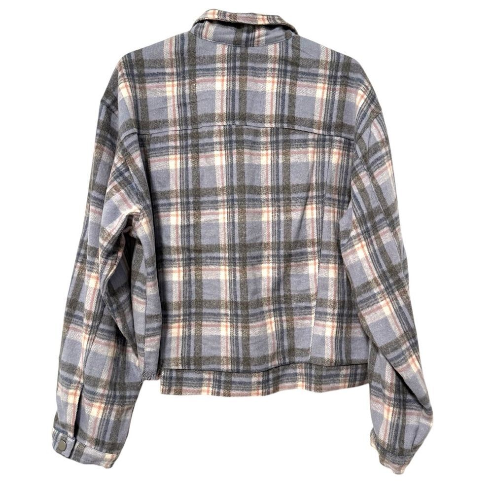 Altar'd State Flannel Long Sleeve Fringe Hem Button Up Top Blue Pink Plaid Large - Picture 5 of 7